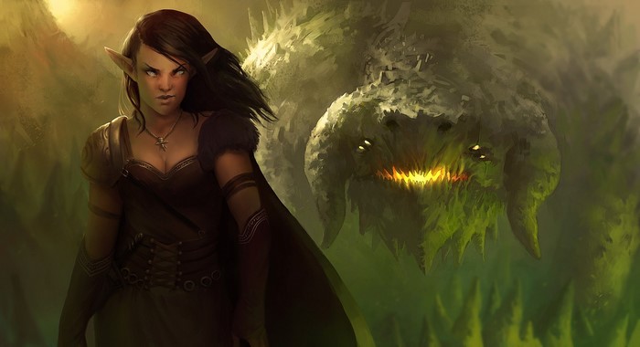 Elf warrior facing a monstrous creature in a misty forest