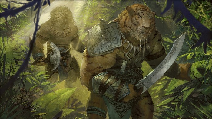 Two anthropomorphic warriors in a jungle
