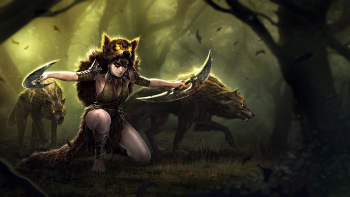 Fantasy warrior woman with wolves in a forest
