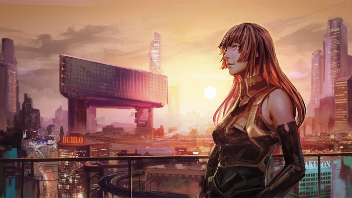 Anime woman overlooking futuristic city at sunset