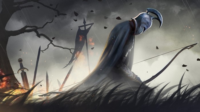 Fantasy warrior with bow in a dark, rainy battlefield