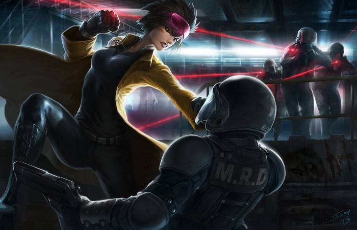 Anime woman in yellow coat fighting soldiers with lasers