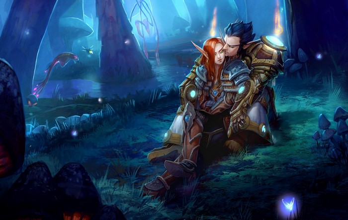 Elves in a fantasy forest at night
