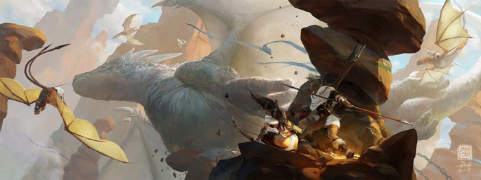 Warriors fighting dragons in a rocky, mountainous landscape