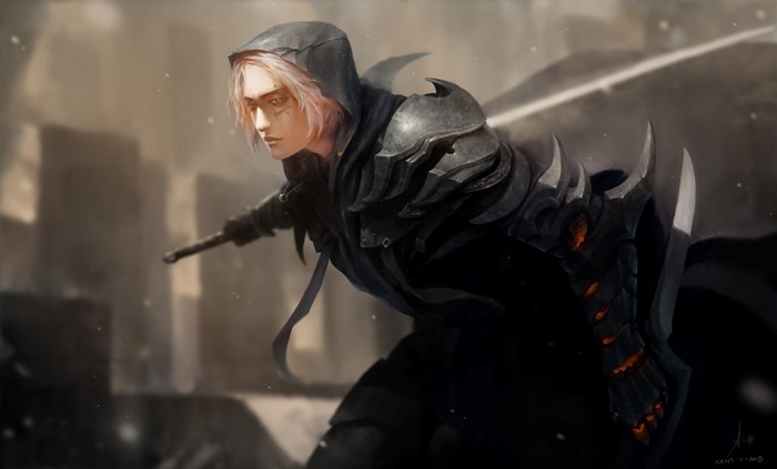 Fantasy assassin in dark armor with a sword
