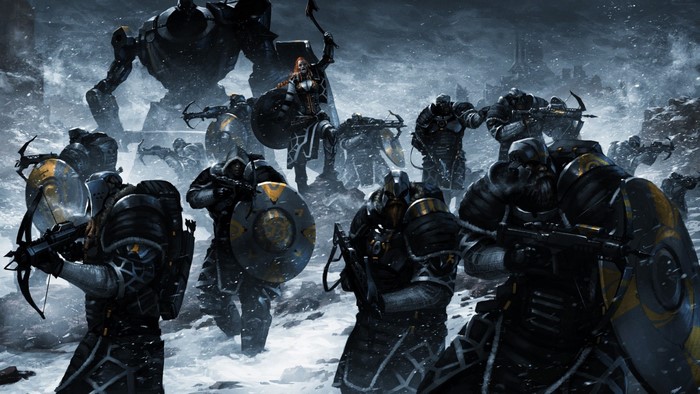 Soldiers and a giant robot in a snowy landscape