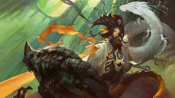 Fantasy girl with dragons in a mystical forest