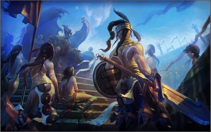 Fantasy art of warriors and a demon statue