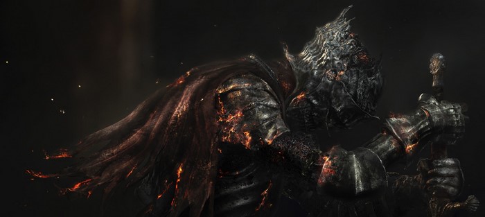 Dark Souls III Warrior Holding Sword in Darkness