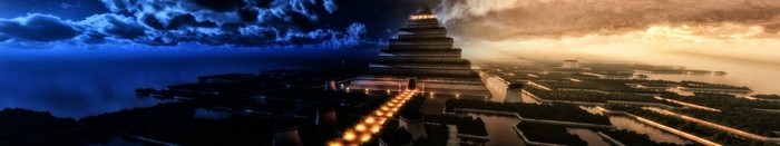 A surreal city divided between night and day with a large ziggurat