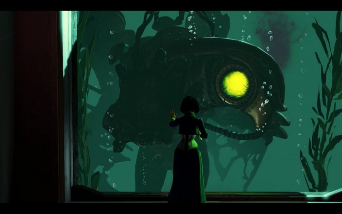 Elizabeth from BioShock Infinite in front of a Big Daddy