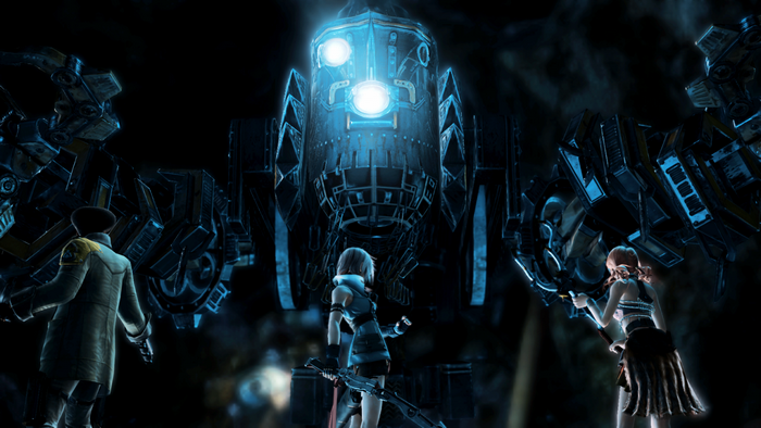 Final Fantasy XIII: Lightning and Snow confront a giant robot