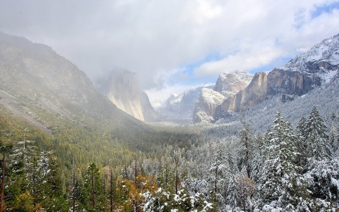 Snow-covered Yosemite Valley with El Capitan and Half Dome