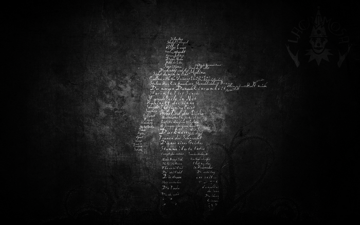 Silhouette of text with a clown logo