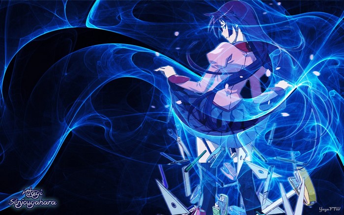 Senjougahara Hitagi from Monogatari Series with blue fractal art