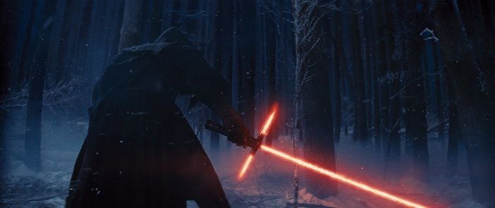 Kylo Ren from Star Wars The Force Awakens with lightsaber in forest