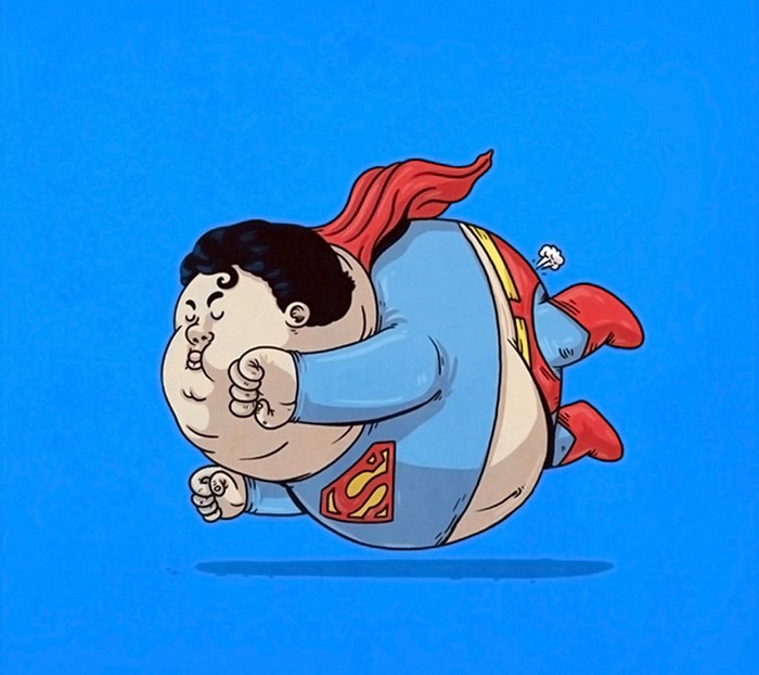 Fat Superman flying with a red cape