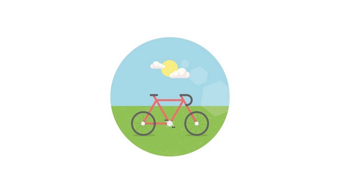 Minimalist bicycle logo in a circle with sun and clouds
