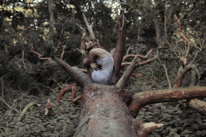 Woman sitting on a fallen tree in a forest