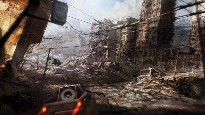 Apocalyptic city ruins with vehicles and damaged buildings