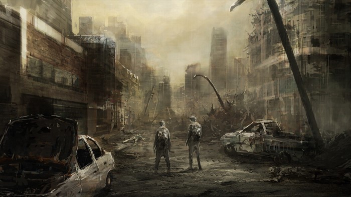 Two soldiers in a destroyed city
