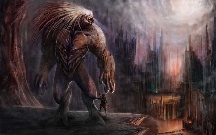 Giant monster and warrior in a ruined city