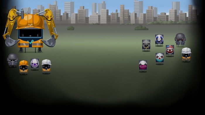Construction robot and masked figures in a city
