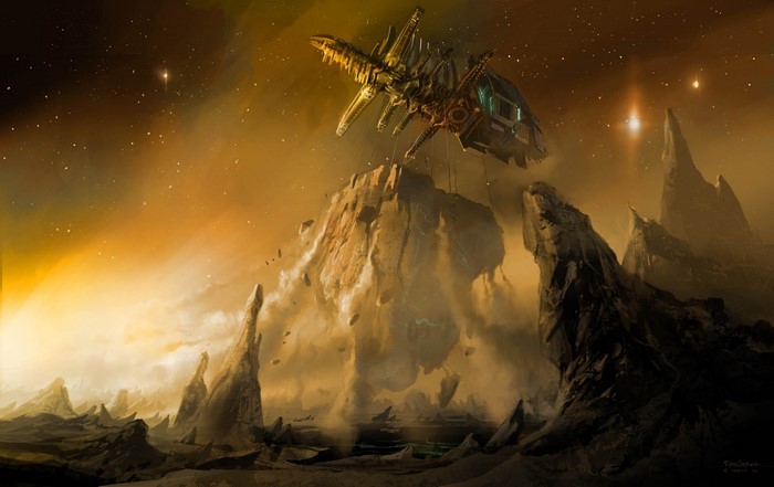 Spaceship hovering over alien planet landscape