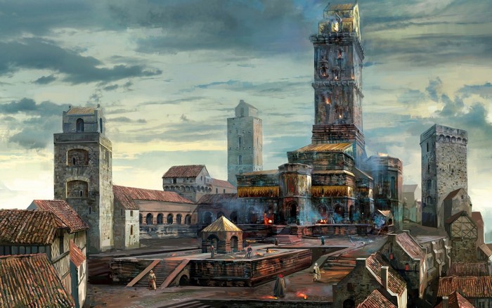 Concept art of a fantasy city with towers