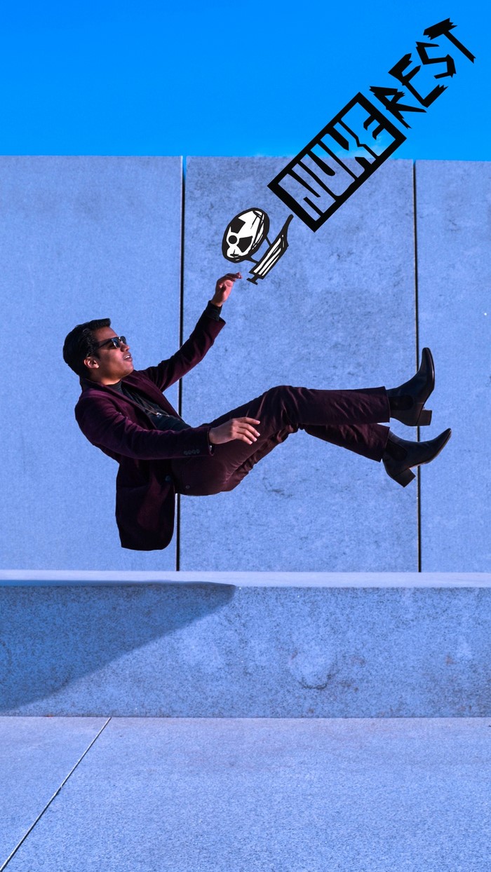 Man in suit floating with syringe and radiation symbol