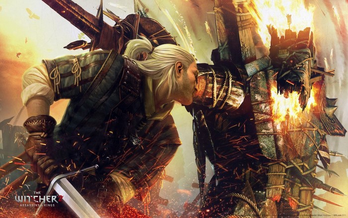Geralt of Rivia from The Witcher 2 Assassins of Kings fighting a fiery monster