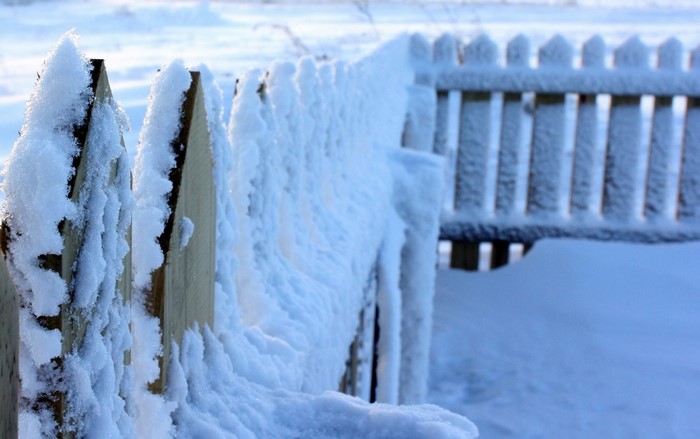 Wooden fence covered in snow and ice in winter