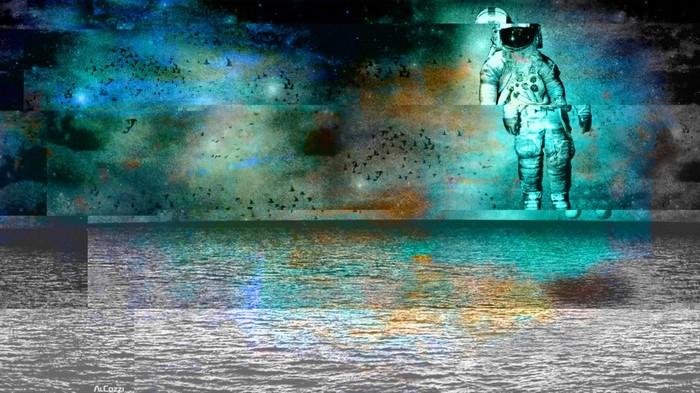 Astronaut in a glitch art space and ocean scene