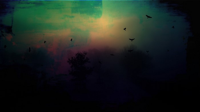 Birds flying in a dark, colorful sky with a tree