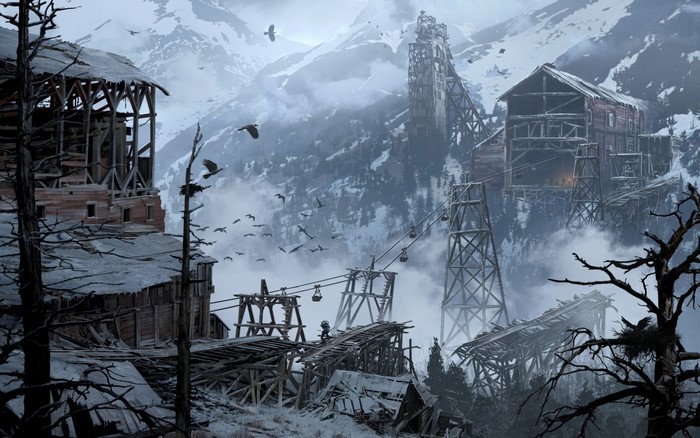 Rise of the Tomb Raider screenshot of a snowy mountain mining facility