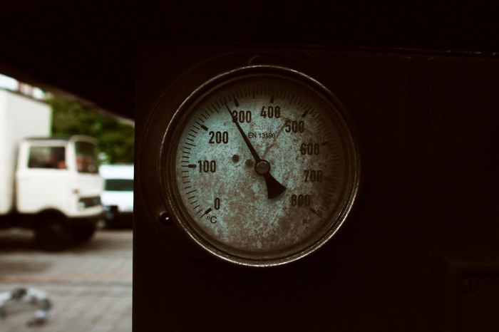 Close up of a temperature gauge on a truck
