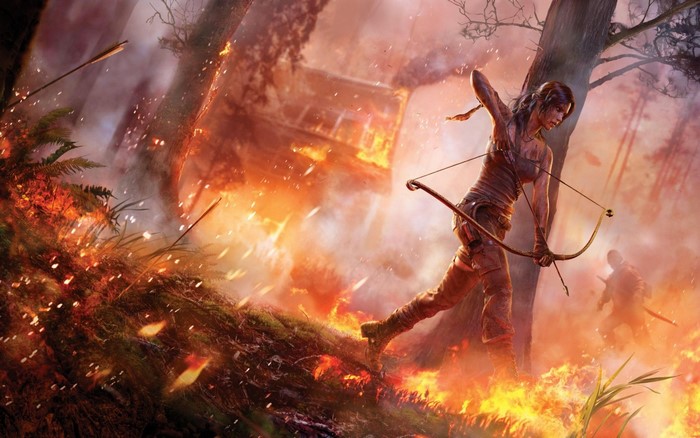 Lara Croft from Tomb Raider in a burning forest