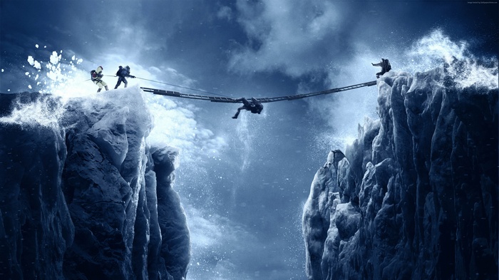 Everest movie poster with climbers on a rope bridge