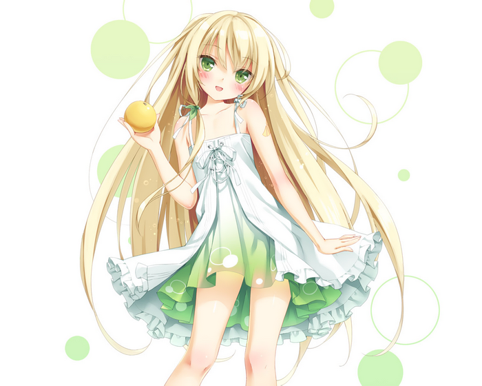 Anime girl with long blonde hair holding an apple