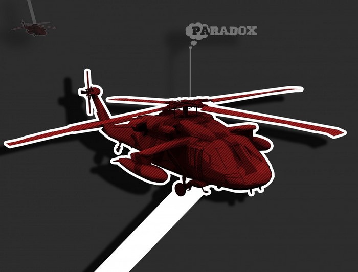 Red helicopter with "Paradox" text