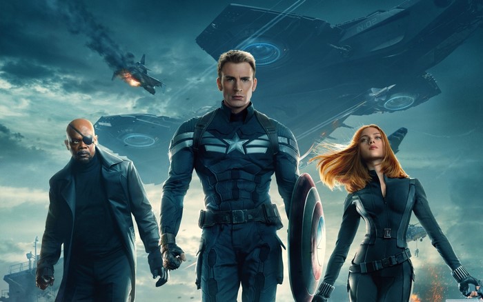Captain America, Black Widow, and Nick Fury from Captain America: The Winter Soldier