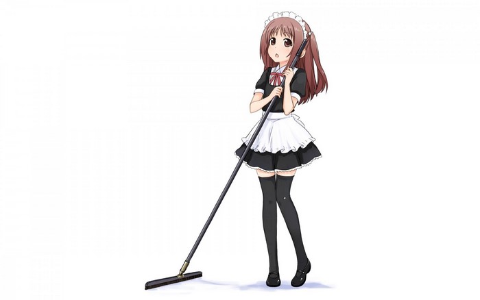 Anime girl in maid costume holding a mop
