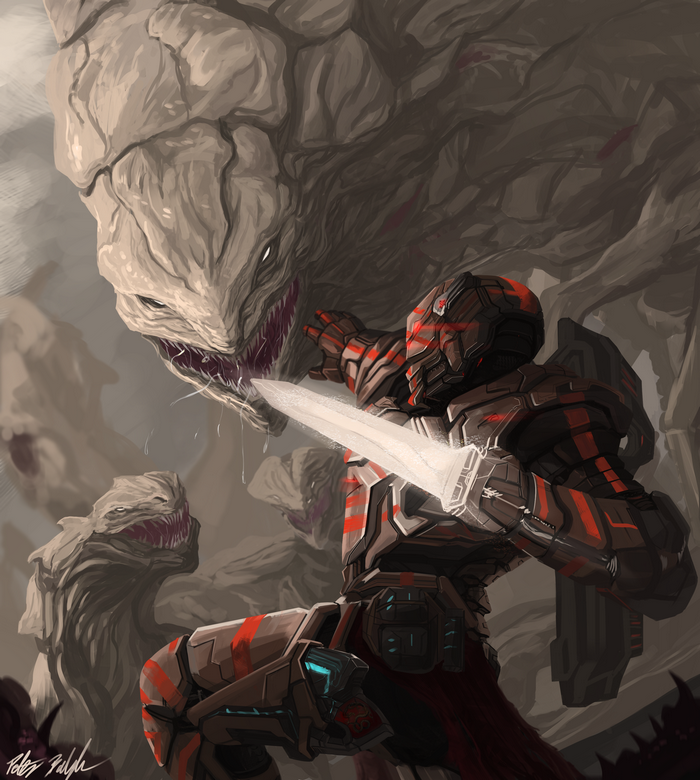 Soldier with sword fighting monsters