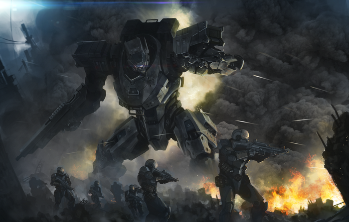 Giant robot and soldiers in a warzone