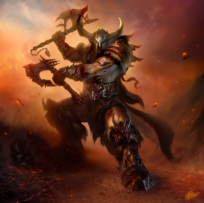 Fantasy warrior with two axes in a fiery landscape