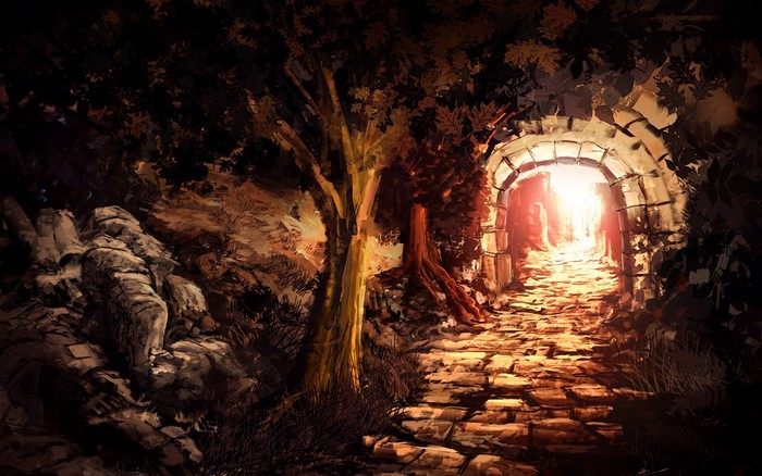 Stone archway leading to bright light in a dark forest