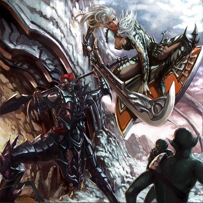 Fantasy warriors battling with goblins in a rocky landscape