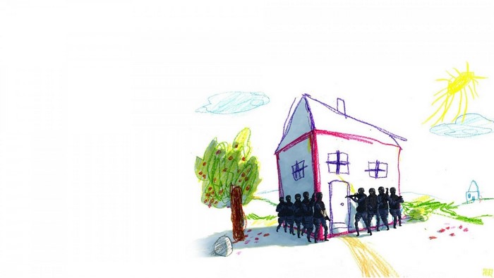 Children's drawing of a house with armed figures