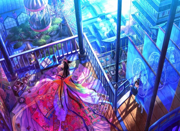 Anime girl in colorful kimono in a Japanese palace