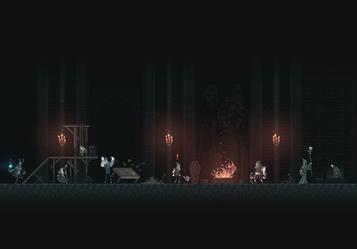 Pixel art scene with characters in a dark, gothic setting